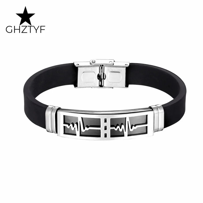 Couple Gifts Women Men Love Bracelets White Black Rubber Belt Stainless Steel Heartbeat Jewelry Accessories Girlfriend Boyfriend