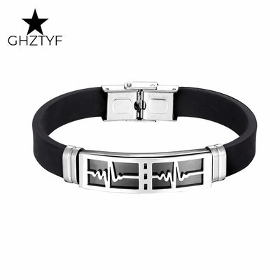 Couple Gifts Women Men Love Bracelets White Black Rubber Belt Stainless Steel Heartbeat Jewelry Accessories Girlfriend Boyfriend