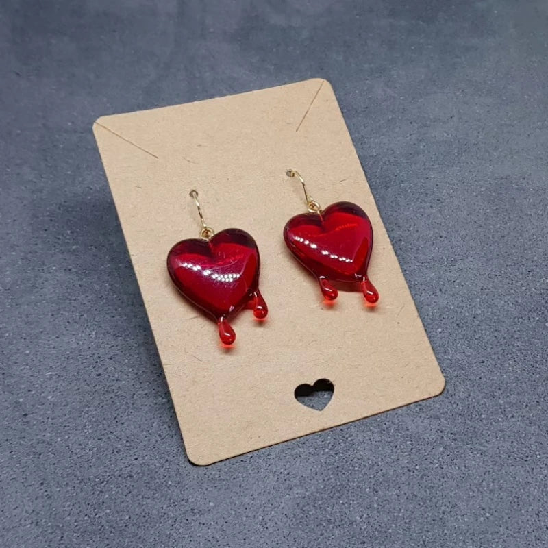 Red Heart Earrings, Hypoallergenic Ear Wires, Gothic Jewellery, Halloween Earrings, Dripping Heart