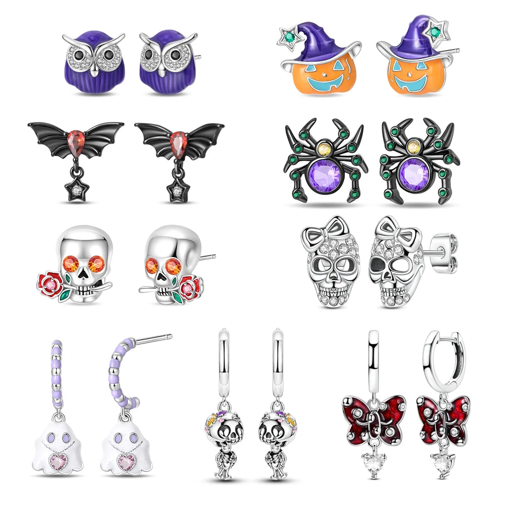 Amazing 925 Sterling Silver Black Spider & Shiny Bow Skull & Pumpkin Head Stud Earrings For Halloween Party Fine Jewelry Gift