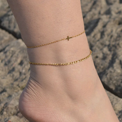 2024 Summer New Gold Color Anklets For Women Stainless Steel Firga Chain Feet Jewelry Layered Link Chain Accessory