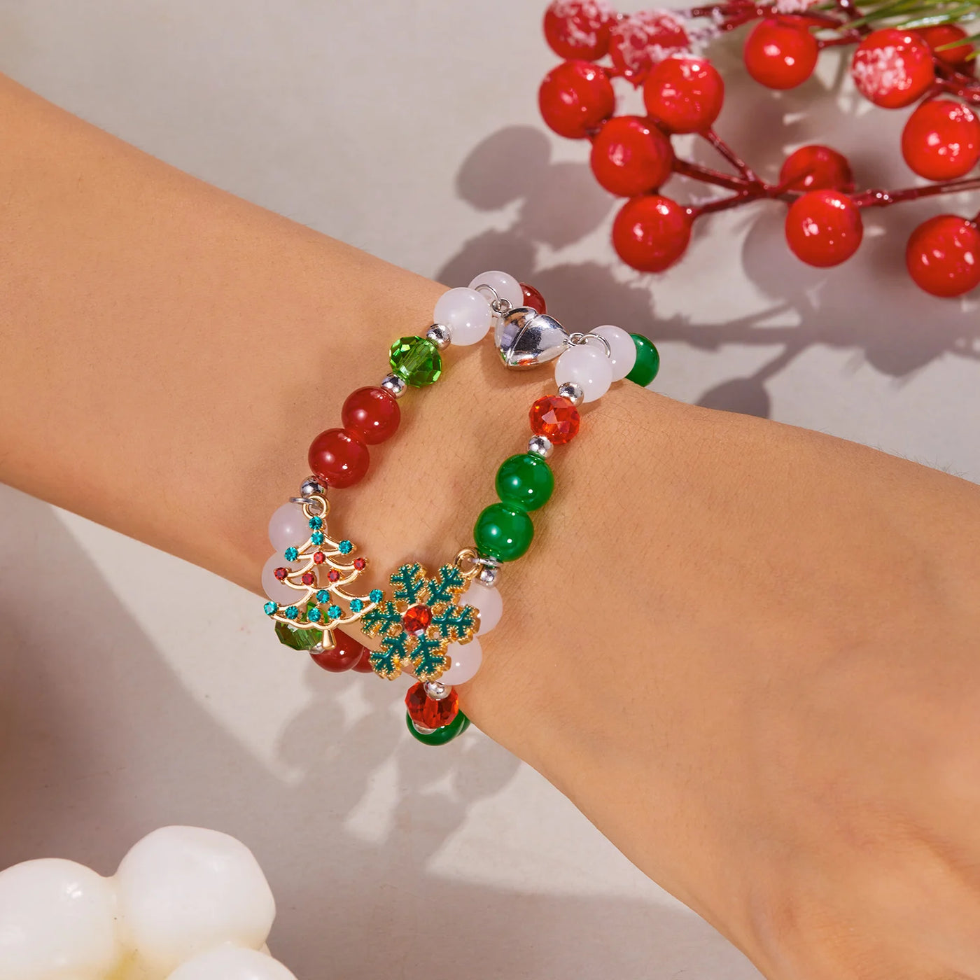Simple Christmas Couples Bracelets for Women Men Sweet Red Green Crystal Beads Matching Bracelets Romantic Friendship Jewelry