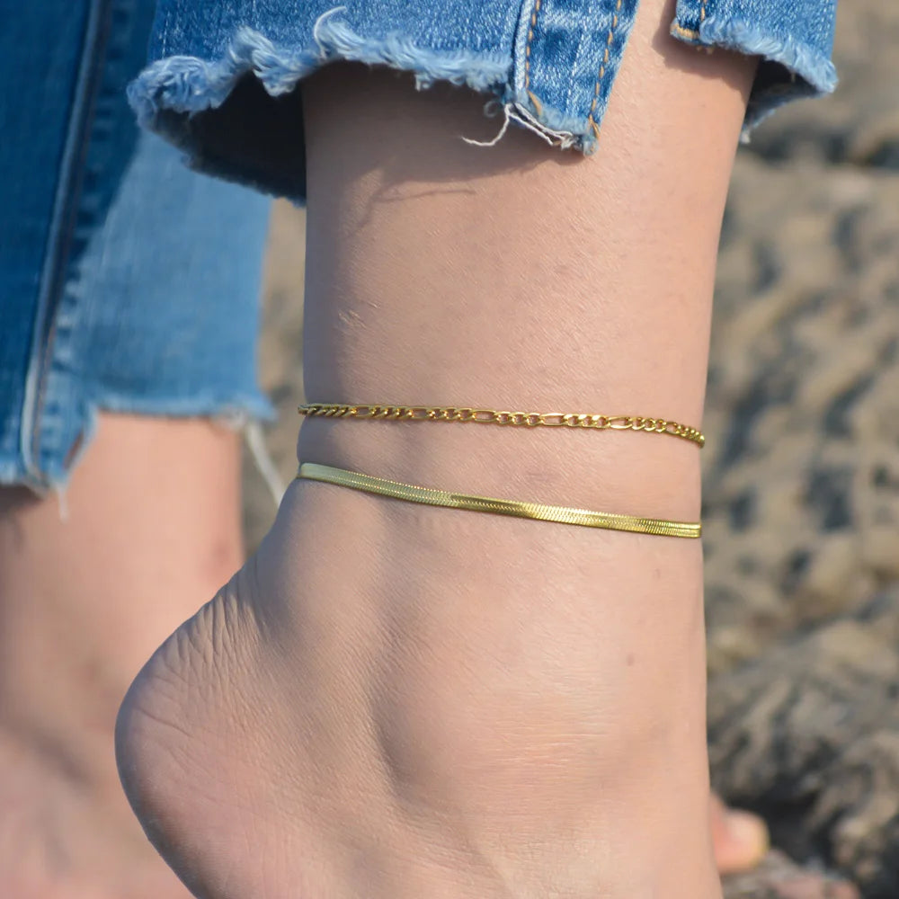 2024 Summer New Gold Color Anklets For Women Stainless Steel Firga Chain Feet Jewelry Layered Link Chain Accessory