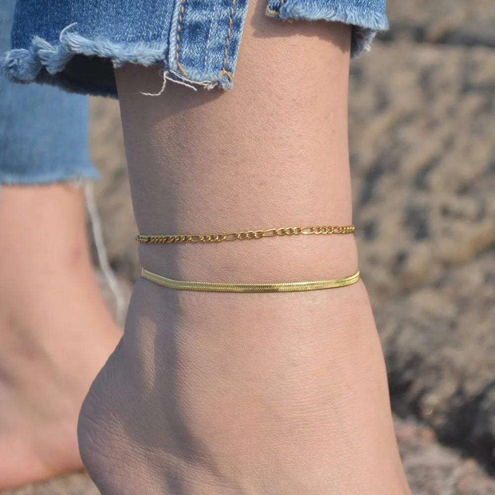 2024 Summer New Gold Color Anklets For Women Stainless Steel Firga Chain Feet Jewelry Layered Link Chain Accessory