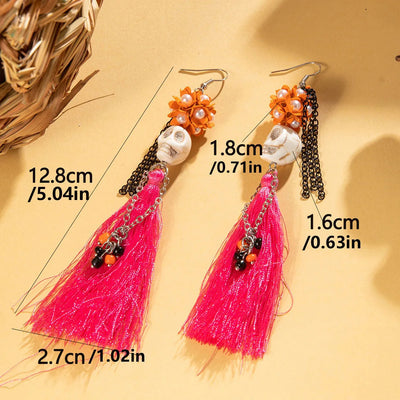 Funny Ethnic Flower Skull Drop Earrings for Women Creative Gothic Punk Long Tassel Earring Halloween Party Festival Jewelry Gift