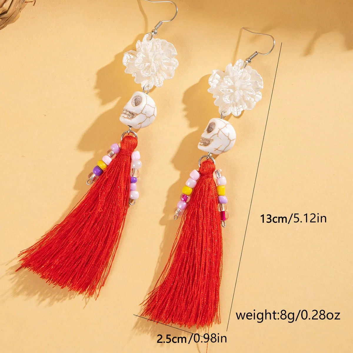 Funny Ethnic Flower Skull Drop Earrings for Women Creative Gothic Punk Long Tassel Earring Halloween Party Festival Jewelry Gift