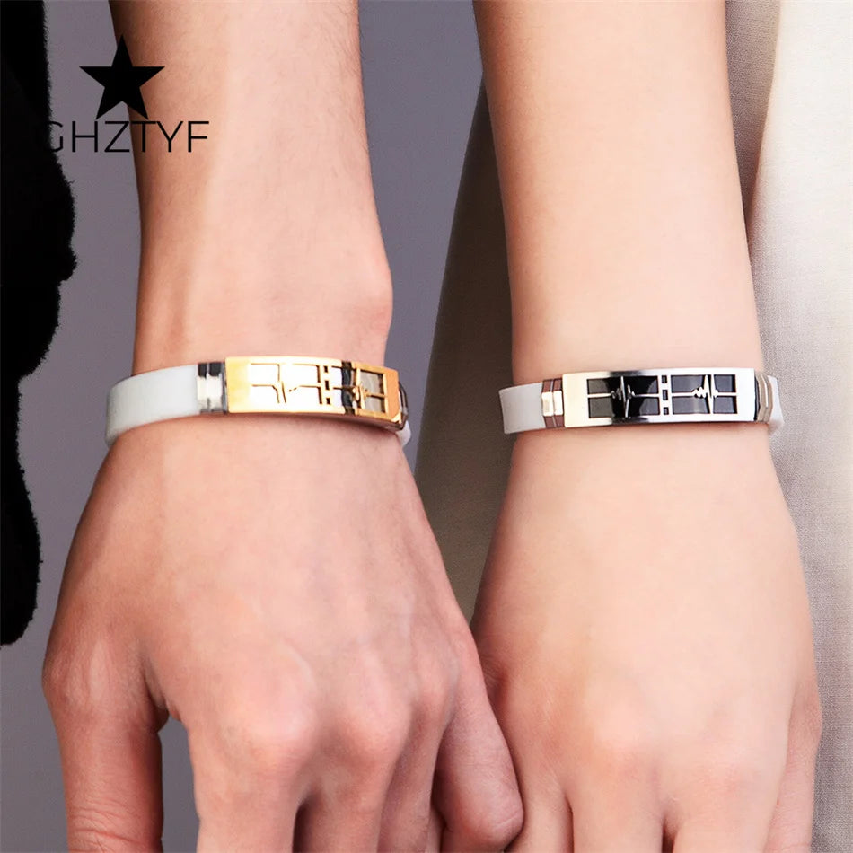 Couple Gifts Women Men Love Bracelets White Black Rubber Belt Stainless Steel Heartbeat Jewelry Accessories Girlfriend Boyfriend