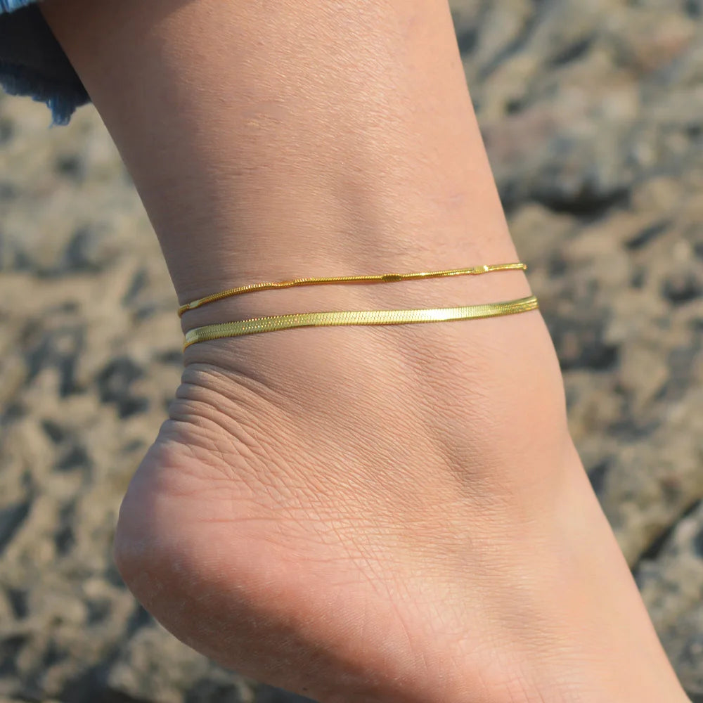 2024 Summer New Gold Color Anklets For Women Stainless Steel Firga Chain Feet Jewelry Layered Link Chain Accessory