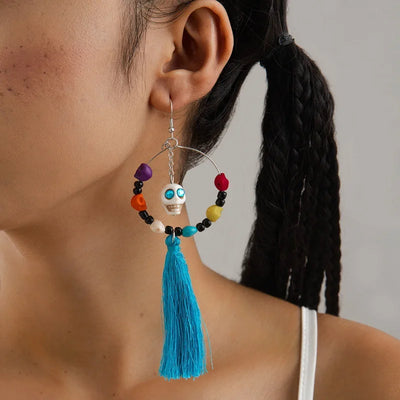 Funny Ethnic Flower Skull Drop Earrings for Women Creative Gothic Punk Long Tassel Earring Halloween Party Festival Jewelry Gift