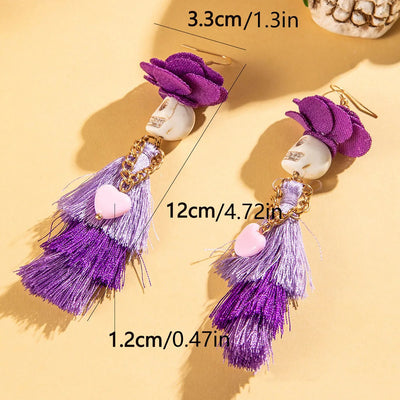 Funny Ethnic Flower Skull Drop Earrings for Women Creative Gothic Punk Long Tassel Earring Halloween Party Festival Jewelry Gift