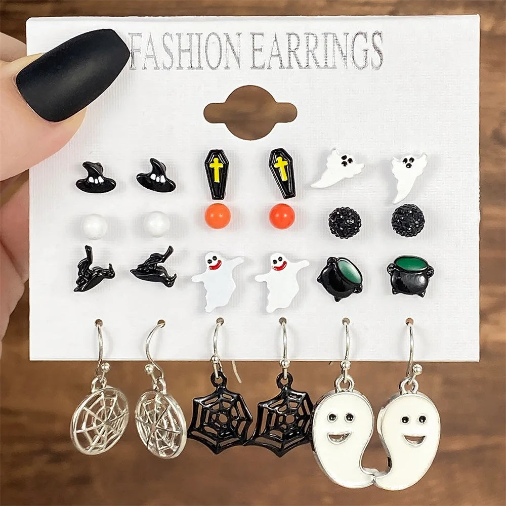 IFMIA Punk Fashion Black Spider Earrings Set for Women Girls Men Hip Hop Halloween Festival Skull Earring Christmas Jewelry Gift