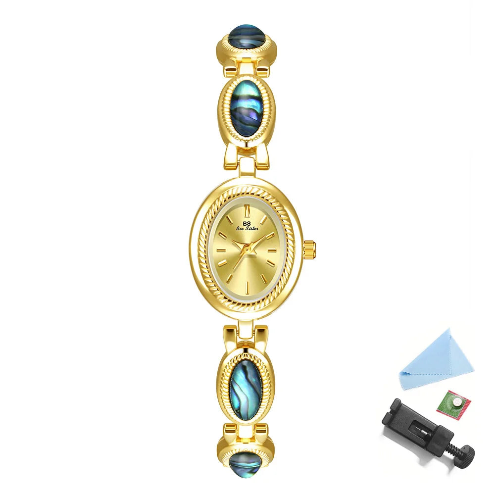 Watches For Woman Elegant Vintage Black Gold Shell Bracelet Ladies Small Dial Oval Quartz Dress Watch