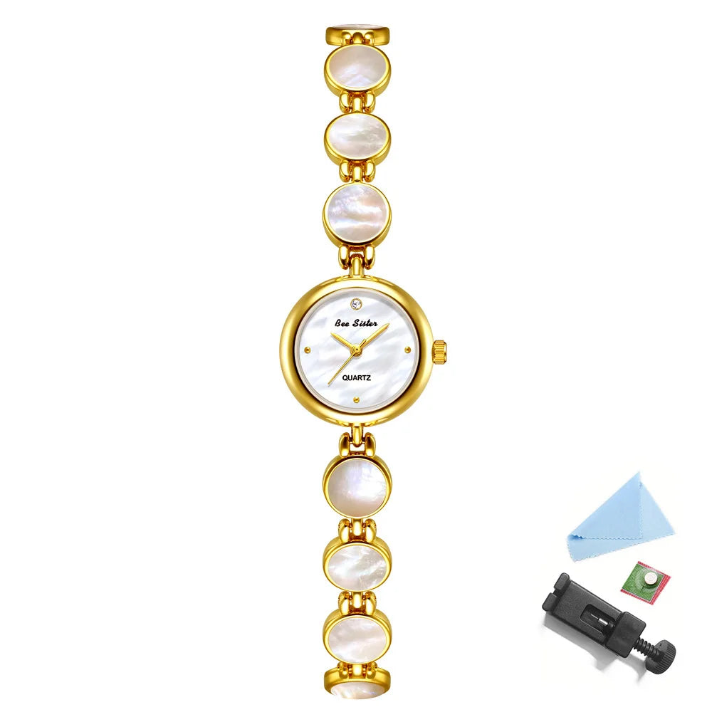 Watches For Woman Elegant Vintage Black Gold Shell Bracelet Ladies Small Dial Oval Quartz Dress Watch