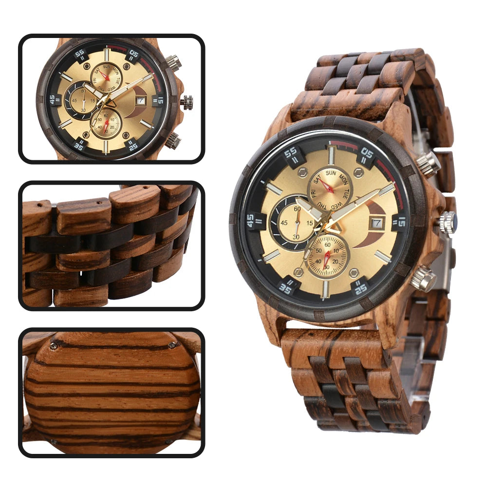 Wooden Wrist Watches For Men Fashion Quartz Wristwatches With Clock Date Week Timepieces Wood Wach Box for Him reloj hombre