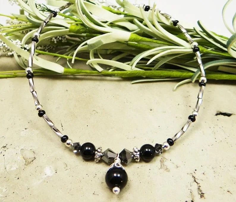 Anklet, Ankle Bracelet, Black Pearl Anklet, Black Anklet, Beaded Anklet. Crystal Anklet, Foot Jewelry, Ankle Jewelry