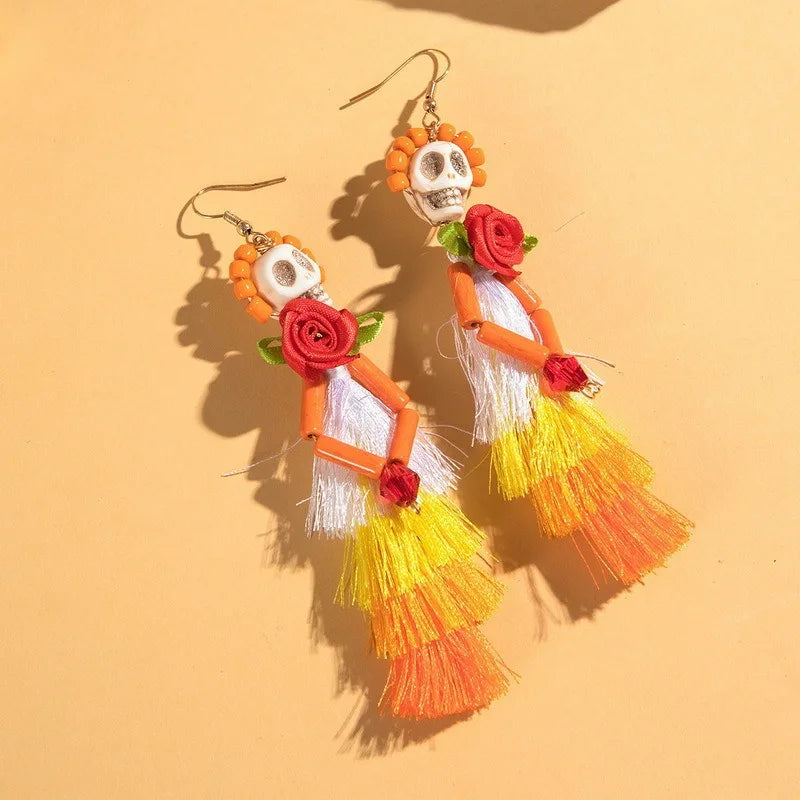 Funny Ethnic Flower Skull Drop Earrings for Women Creative Gothic Punk Long Tassel Earring Halloween Party Festival Jewelry Gift