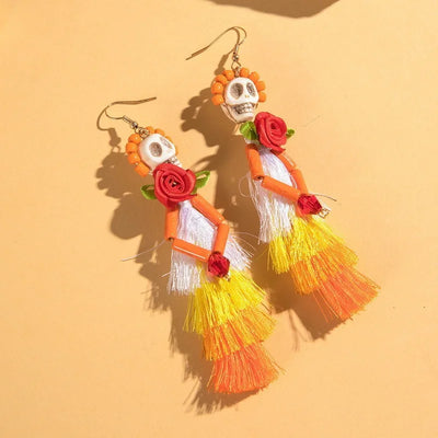 Funny Ethnic Flower Skull Drop Earrings for Women Creative Gothic Punk Long Tassel Earring Halloween Party Festival Jewelry Gift