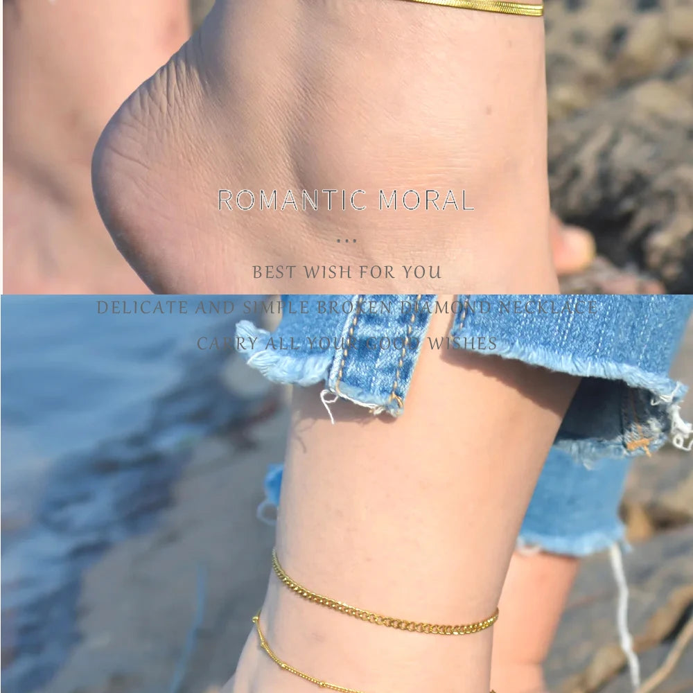 2024 Summer New Gold Color Anklets For Women Stainless Steel Firga Chain Feet Jewelry Layered Link Chain Accessory
