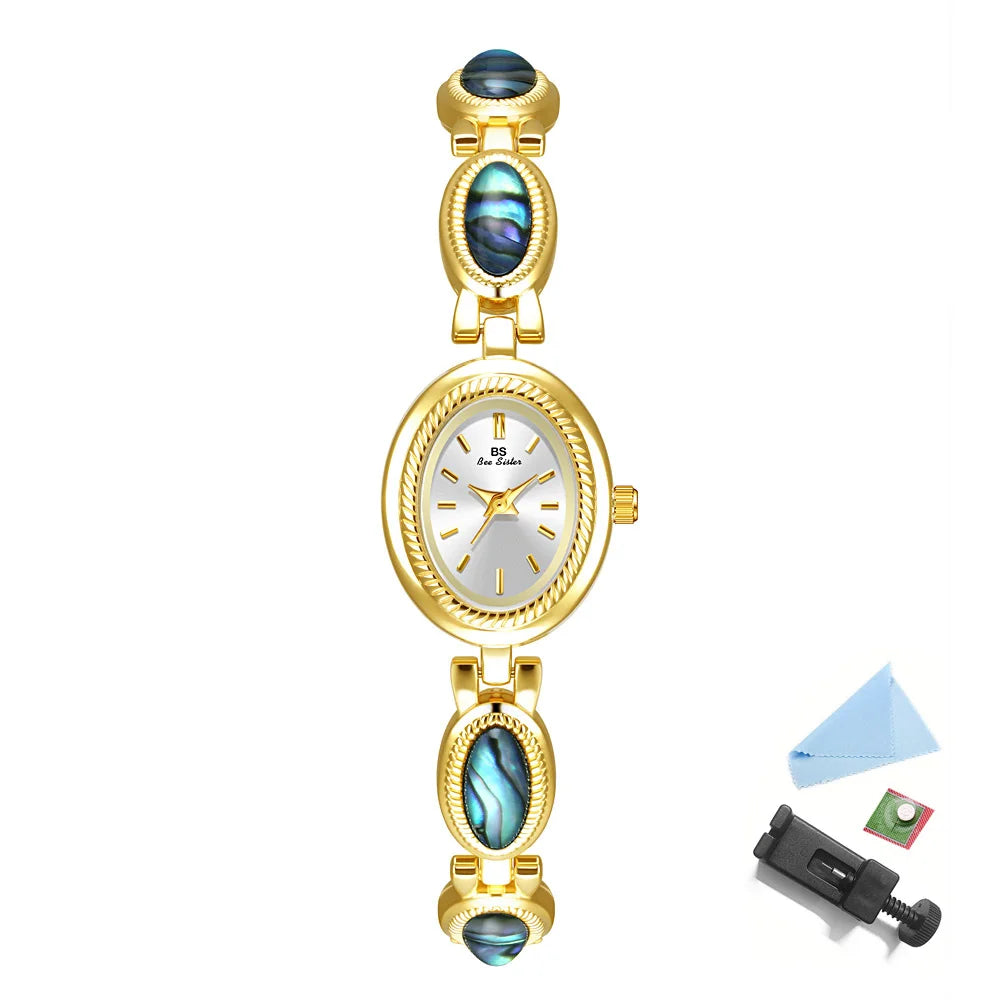Watches For Woman Elegant Vintage Black Gold Shell Bracelet Ladies Small Dial Oval Quartz Dress Watch