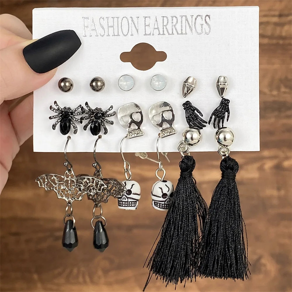 IFMIA Punk Fashion Black Spider Earrings Set for Women Girls Men Hip Hop Halloween Festival Skull Earring Christmas Jewelry Gift