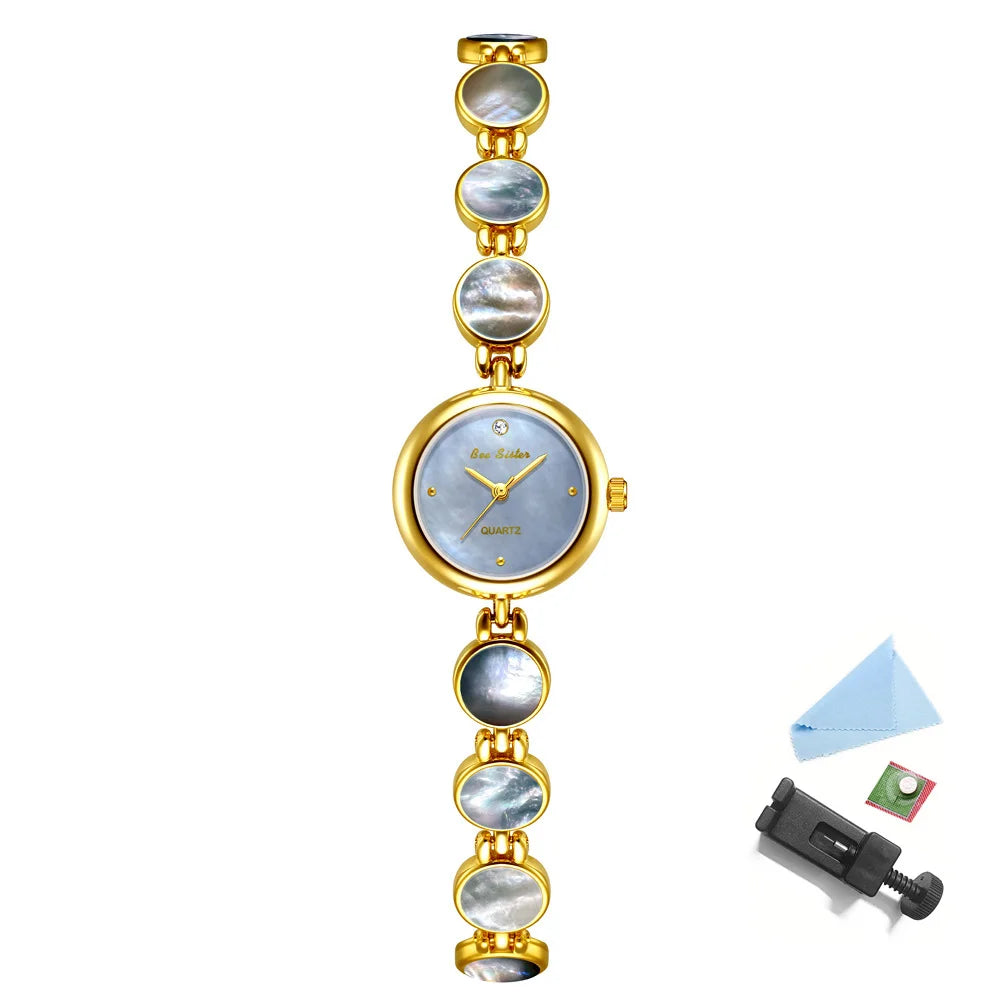 Watches For Woman Elegant Vintage Black Gold Shell Bracelet Ladies Small Dial Oval Quartz Dress Watch