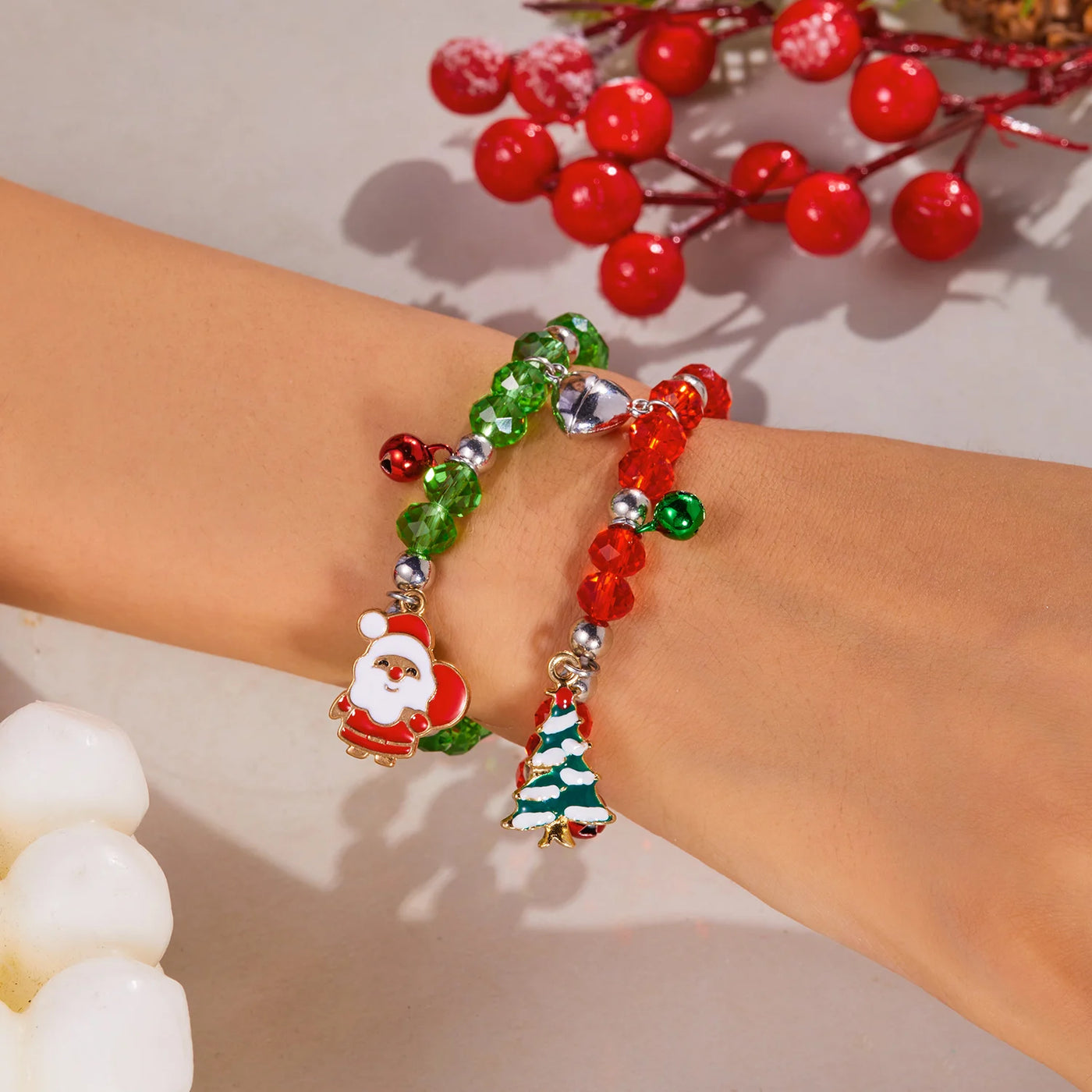 Simple Christmas Couples Bracelets for Women Men Sweet Red Green Crystal Beads Matching Bracelets Romantic Friendship Jewelry