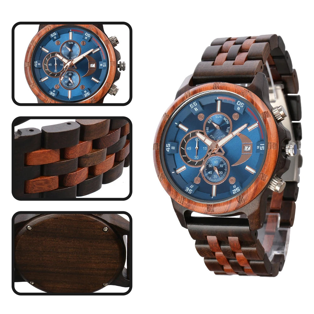 Wooden Wrist Watches For Men Fashion Quartz Wristwatches With Clock Date Week Timepieces Wood Wach Box for Him reloj hombre