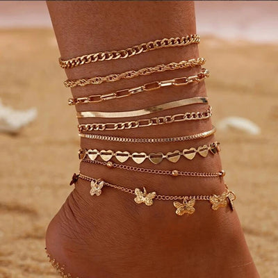 New European American Heart Butterfly Ankle Set for Women Bohemian Retro Beach Multi Bead Ankles Versatile Party Banquet Jewelry