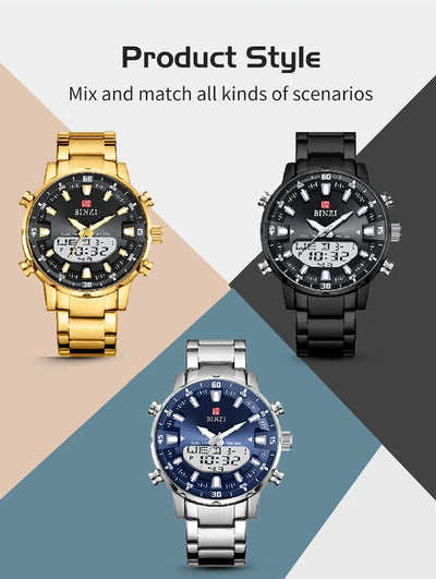 Men Watches 2025 Top Brand Luxury relogio masculino Gold Stainless Steel Band Wrist Watch For Male Clock Men Dual Display watch
