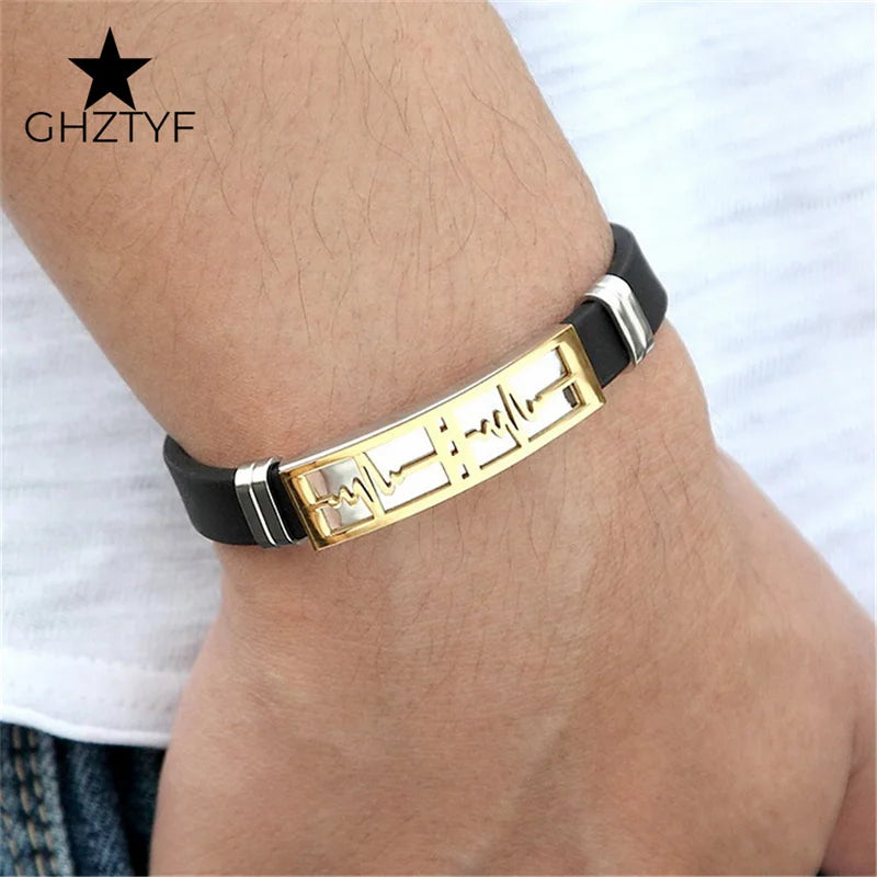 Couple Gifts Women Men Love Bracelets White Black Rubber Belt Stainless Steel Heartbeat Jewelry Accessories Girlfriend Boyfriend