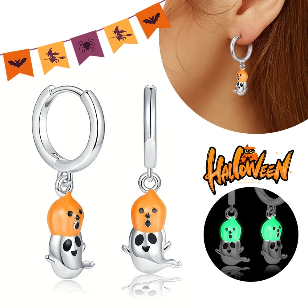 Halloween Party Cute Pumpkin Bat Ring Earrings 925 Silver Earrings For Women Punk Men's Earrings Fit Women Party Jewelry Gift