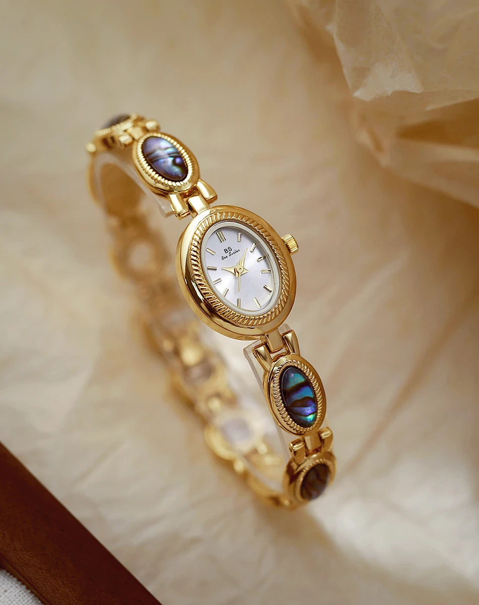 Watches For Woman Elegant Vintage Black Gold Shell Bracelet Ladies Small Dial Oval Quartz Dress Watch