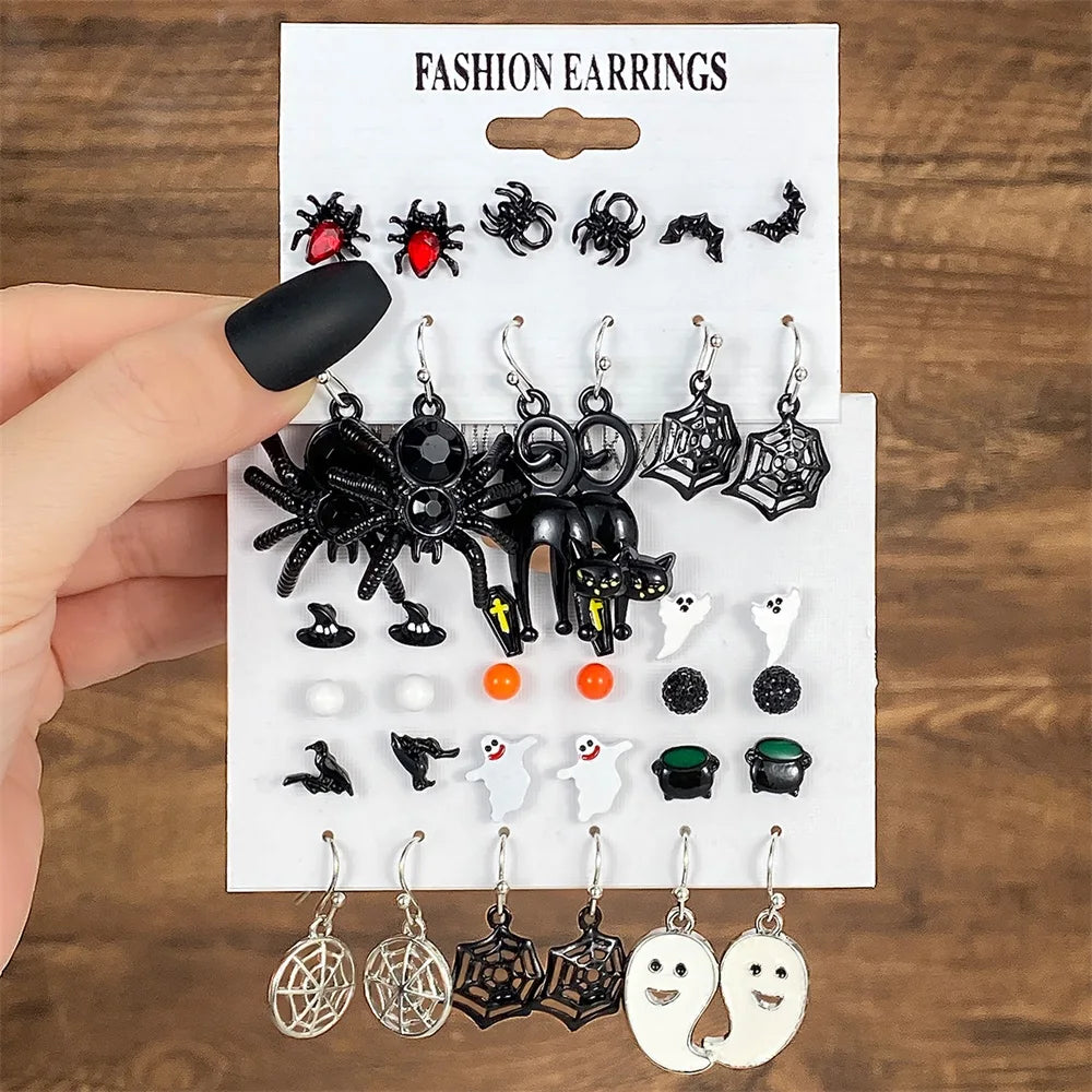 IFMIA Punk Fashion Black Spider Earrings Set for Women Girls Men Hip Hop Halloween Festival Skull Earring Christmas Jewelry Gift
