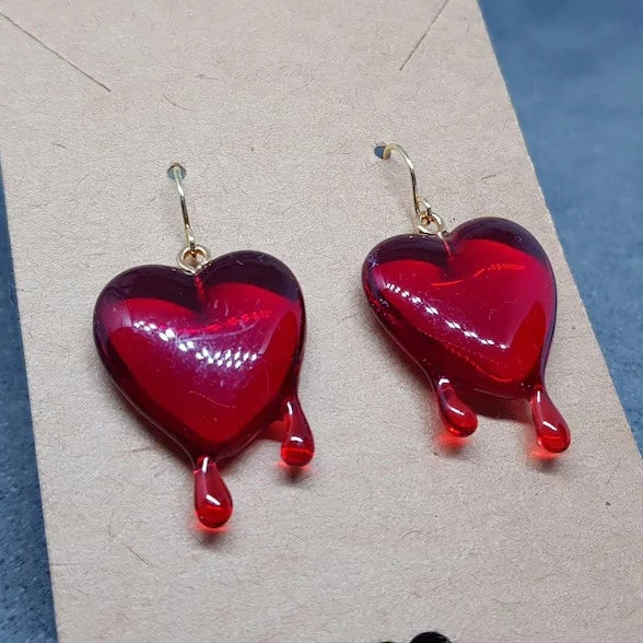 Red Heart Earrings, Hypoallergenic Ear Wires, Gothic Jewellery, Halloween Earrings, Dripping Heart