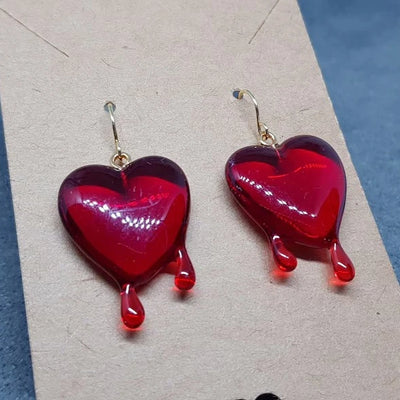 Red Heart Earrings, Hypoallergenic Ear Wires, Gothic Jewellery, Halloween Earrings, Dripping Heart