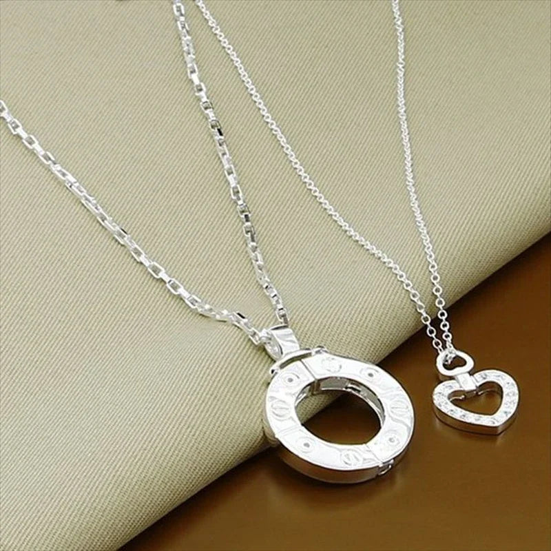 Couple Necklace 925 Silver Heart Circle Men & Women Love Gift Set Chain