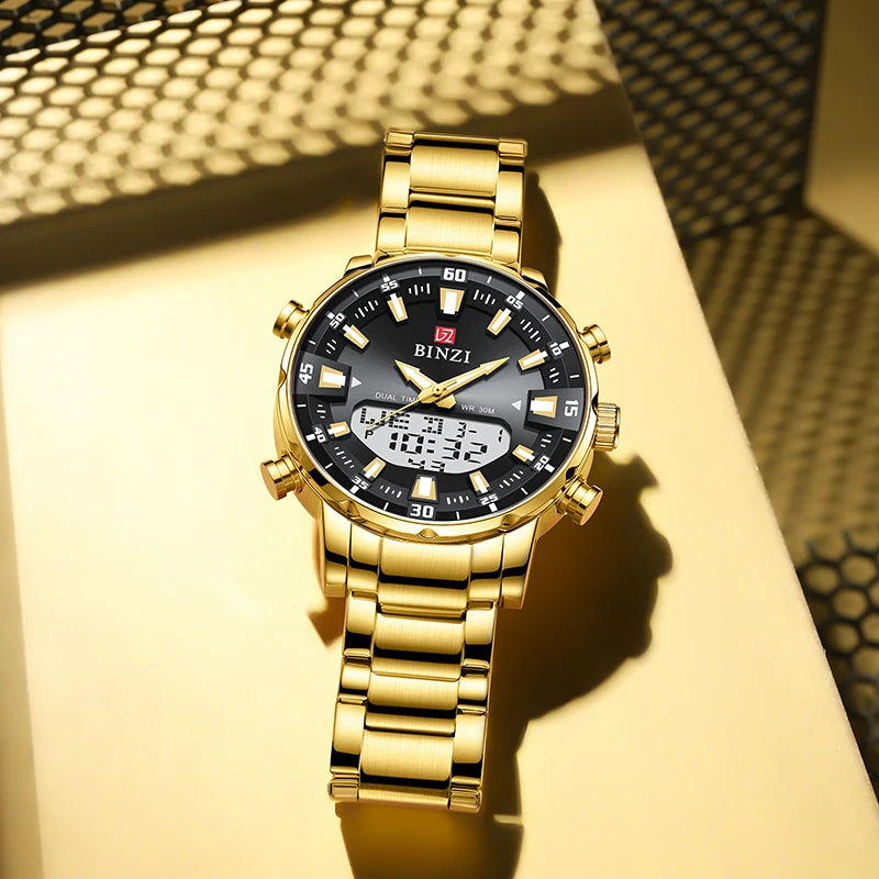 Men Watches 2025 Top Brand Luxury relogio masculino Gold Stainless Steel Band Wrist Watch For Male Clock Men Dual Display watch