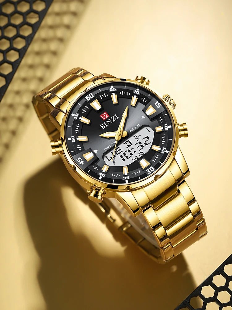 Men Watches 2025 Top Brand Luxury relogio masculino Gold Stainless Steel Band Wrist Watch For Male Clock Men Dual Display watch