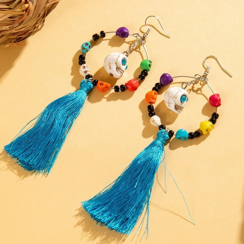 Funny Ethnic Flower Skull Drop Earrings for Women Creative Gothic Punk Long Tassel Earring Halloween Party Festival Jewelry Gift