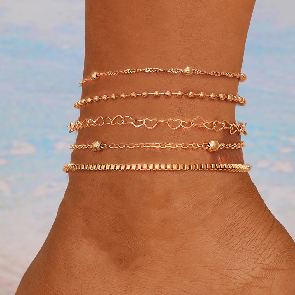 New European American Heart Butterfly Ankle Set for Women Bohemian Retro Beach Multi Bead Ankles Versatile Party Banquet Jewelry