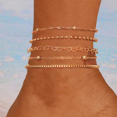 New European American Heart Butterfly Ankle Set for Women Bohemian Retro Beach Multi Bead Ankles Versatile Party Banquet Jewelry