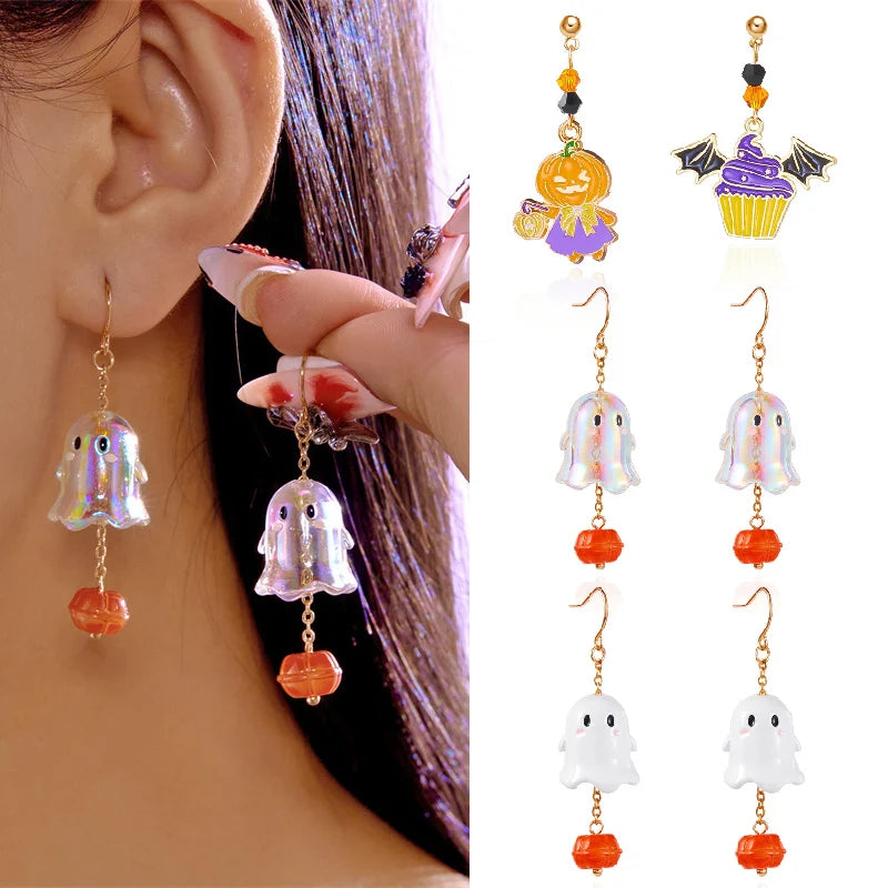 Cute Ghost Asymmetrical Halloween Cartoon Ghost Earrings for Women Long Tassel Earrings Festival Party Accessories Gift
