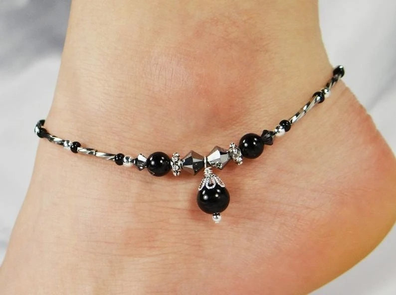 Anklet, Ankle Bracelet, Black Pearl Anklet, Black Anklet, Beaded Anklet. Crystal Anklet, Foot Jewelry, Ankle Jewelry