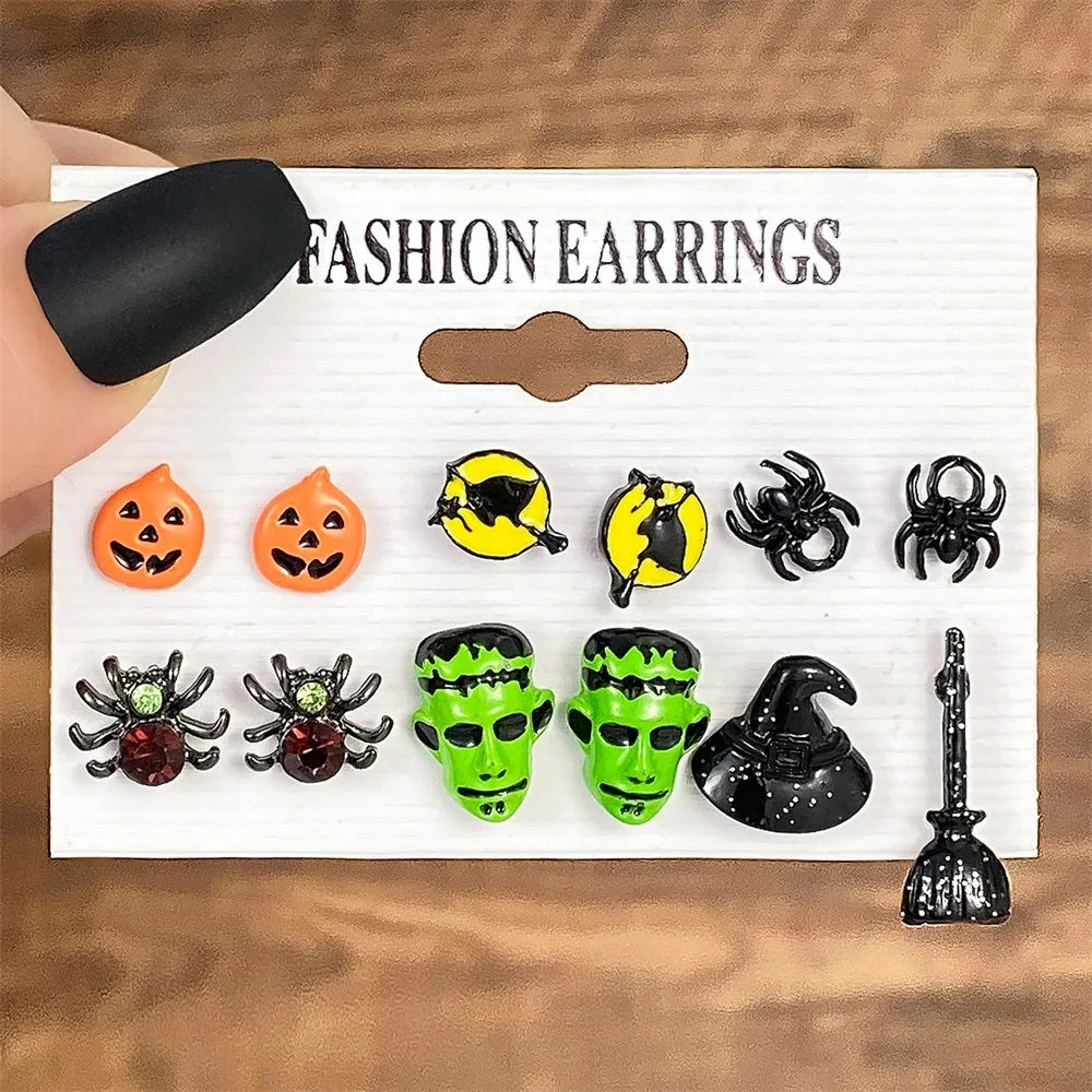 IFMIA Punk Fashion Black Spider Earrings Set for Women Girls Men Hip Hop Halloween Festival Skull Earring Christmas Jewelry Gift