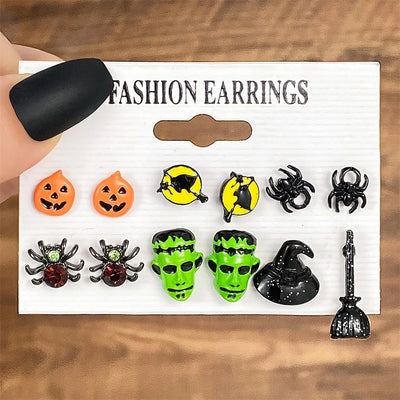 IFMIA Punk Fashion Black Spider Earrings Set for Women Girls Men Hip Hop Halloween Festival Skull Earring Christmas Jewelry Gift