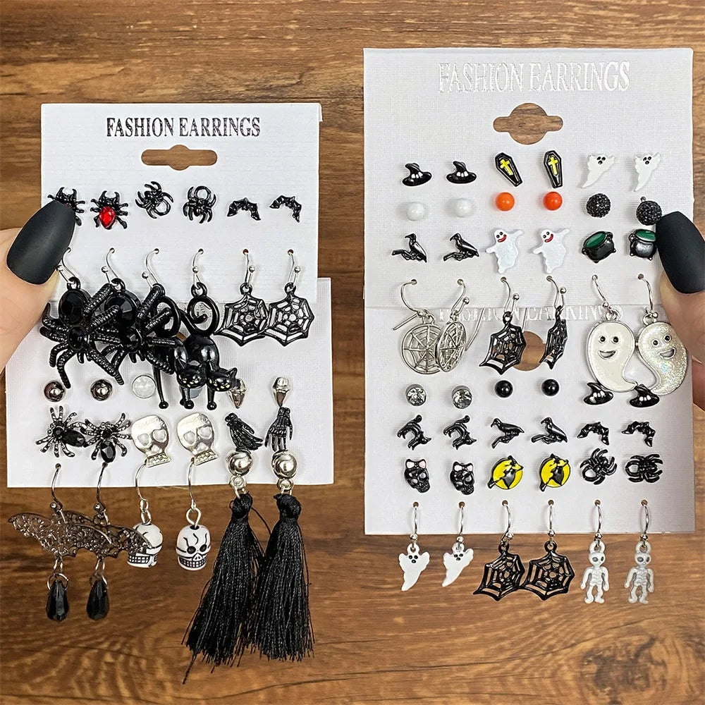 IFMIA Punk Fashion Black Spider Earrings Set for Women Girls Men Hip Hop Halloween Festival Skull Earring Christmas Jewelry Gift