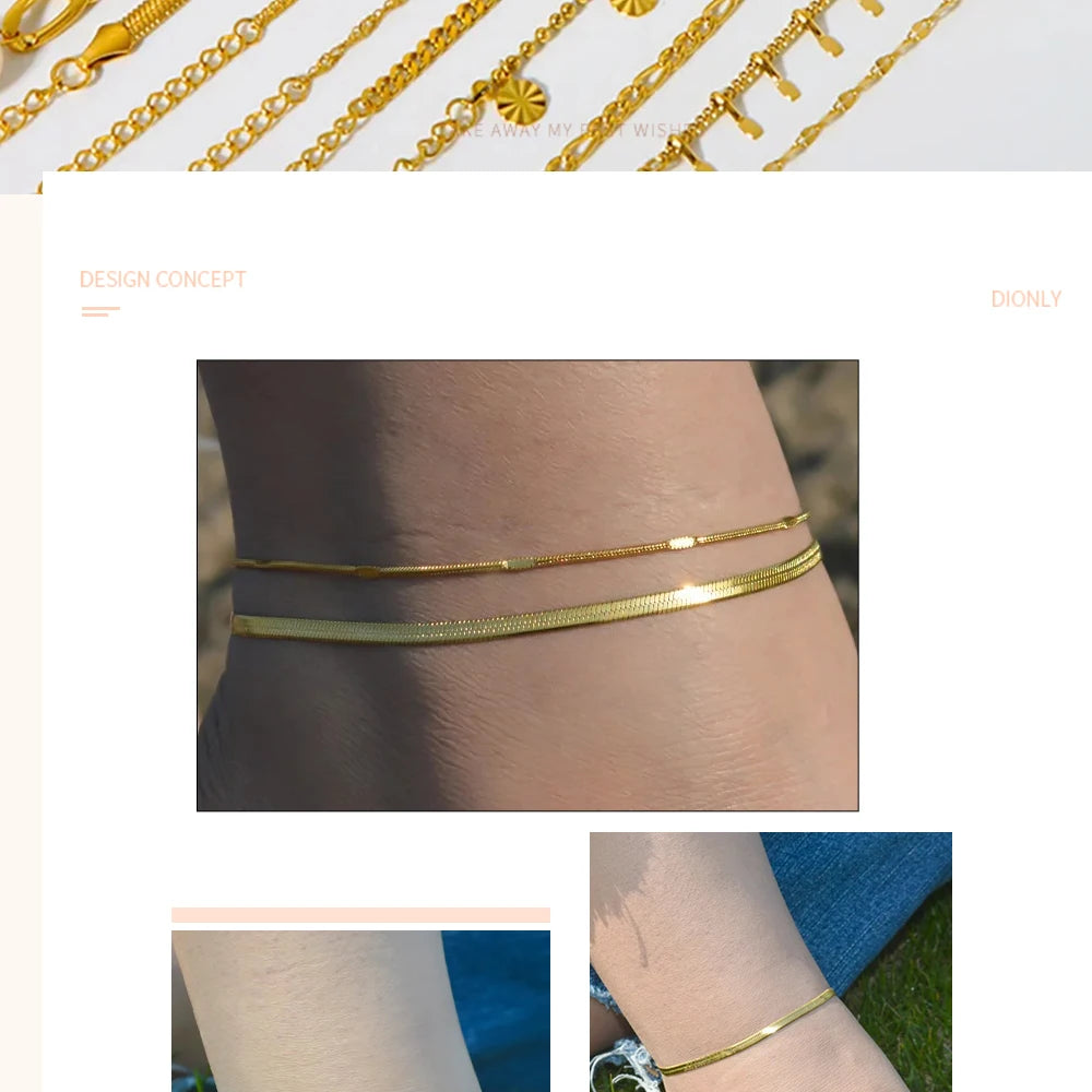 2024 Summer New Gold Color Anklets For Women Stainless Steel Firga Chain Feet Jewelry Layered Link Chain Accessory