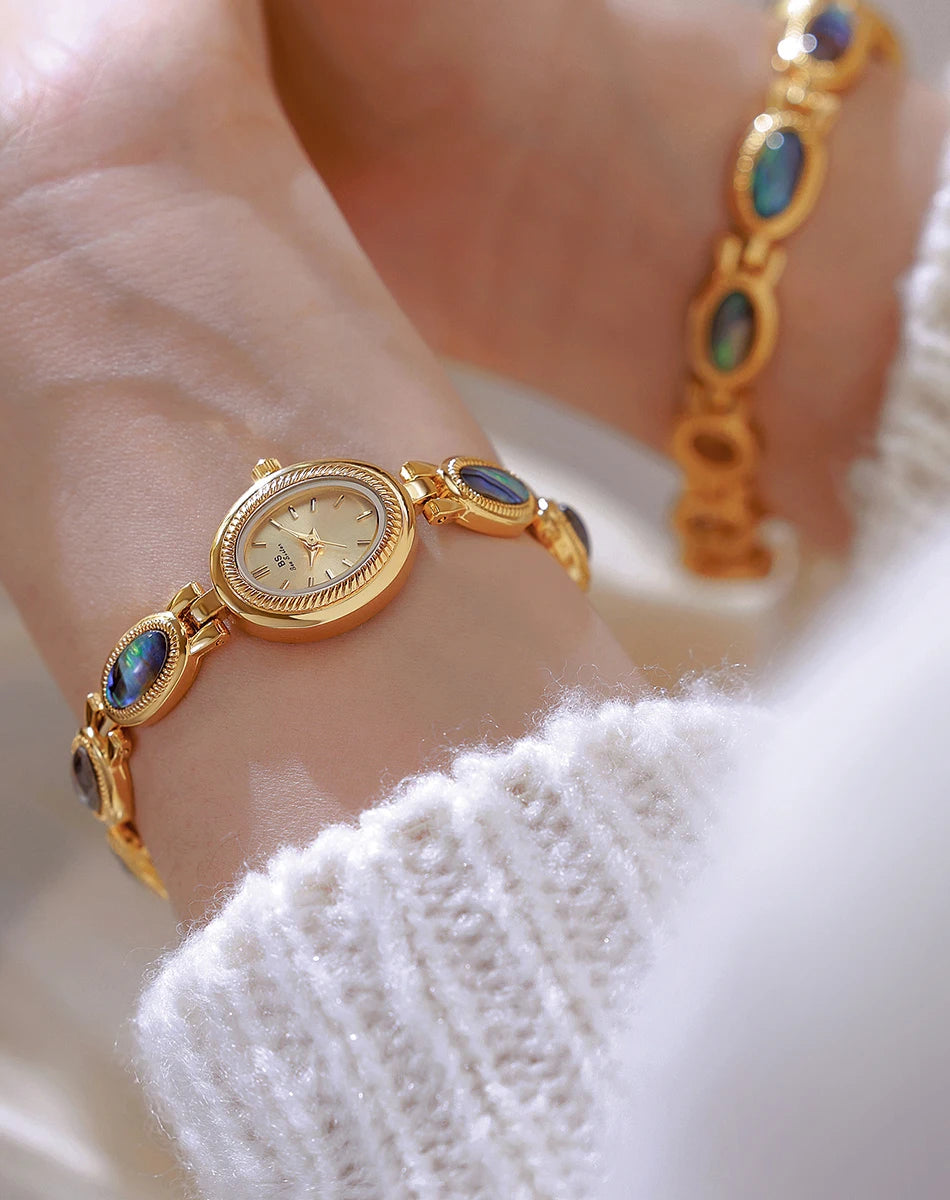 Watches For Woman Elegant Vintage Black Gold Shell Bracelet Ladies Small Dial Oval Quartz Dress Watch