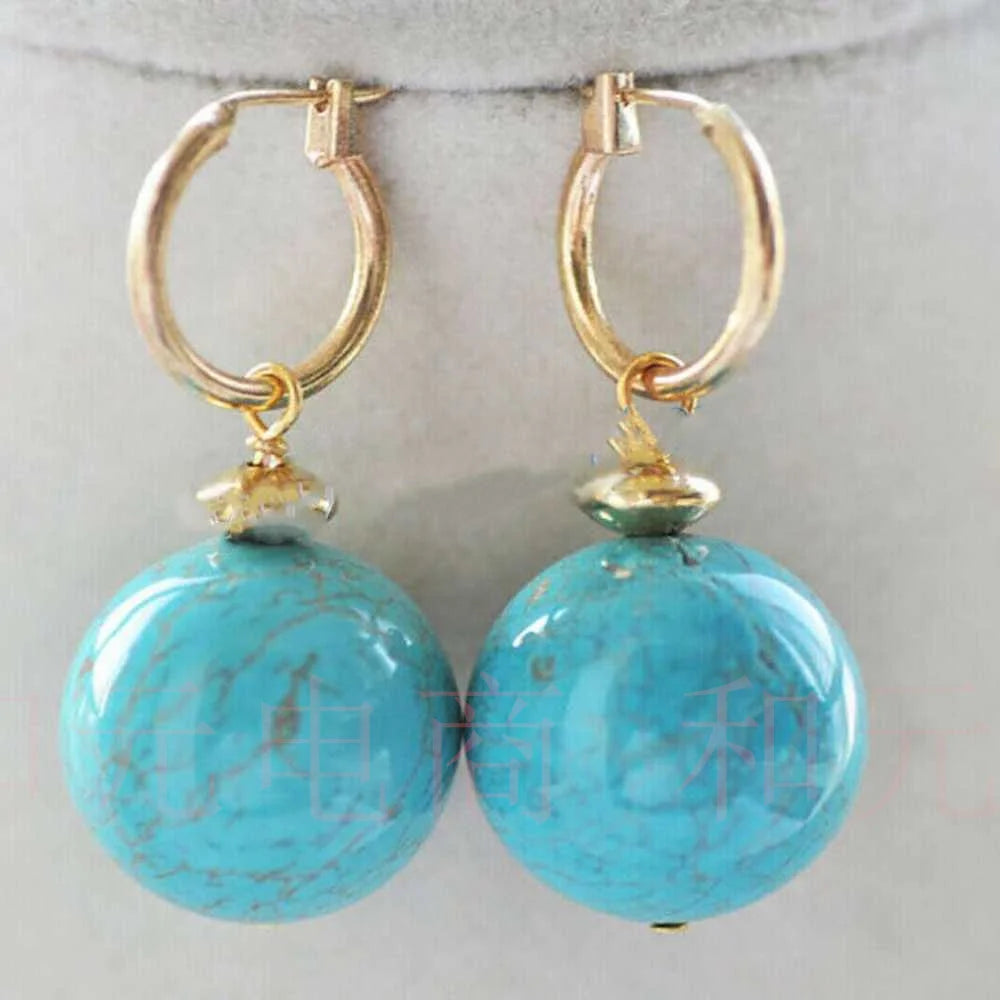 12MM Natural Blue Turquoise Round Gemstone Beads Gold Earrings Halloween Classic Diy Lucky Hook Cultured VALENTINE'S DAY Women