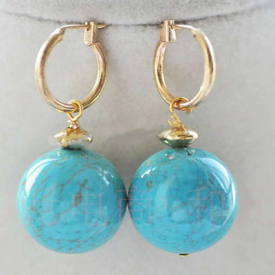 12MM Natural Blue Turquoise Round Gemstone Beads Gold Earrings Halloween Classic Diy Lucky Hook Cultured VALENTINE'S DAY Women